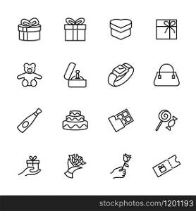 Set of gift symbol, gift box, gift goods and giving a gift activity with line icon style. Editable stroke vector, isolated at white background