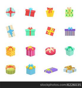 Set of gifts boxes design flat icon. Colorful gift wrap box present with bows and ribbon isolated, gift package holiday christmas surprise for anniversary or birthday or xmas gift. Vector illustration