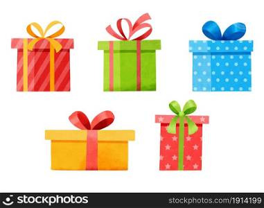 Set of gifts boxes isolated on white. Watercolor christmas and new year set with gift boxes.
