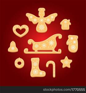 Set of gingerbread cookies. Decorative Christmas biscuits. Vector illustration.