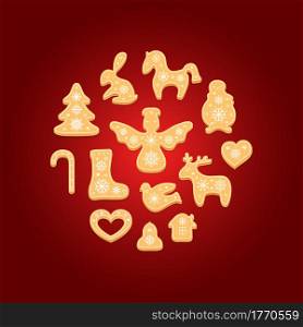 Set of gingerbread cookies. Decorative Christmas biscuits. Vector illustration.