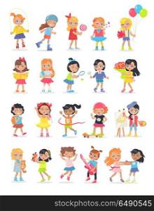 Set of Girls Having Leisure Time During Break. Set of girls having leisure time. School girls during break. Group of kids having fun together. Young ladies at the playground, going in for sport, drawing, playing, walking. Daily activities. Vector