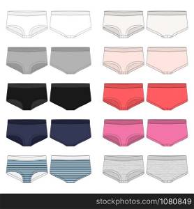 Set of girls lingerie underwear. Lady underpants. Female white knickers. Women panties collection. White, grey, black, blue, milk, pink, red colors, melange and stripes Vector illustration. Set of girls lingerie underwear. Lady underpants. Female white knickers.