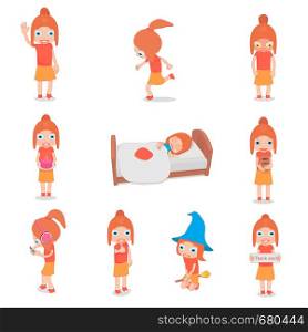 Set of girls stickers. Little funny girl in different poses.