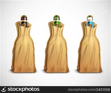 Set of glass beer bottles in paper bags isolated on white background 3d vector illustration. Beer Bottles In Paper Bags