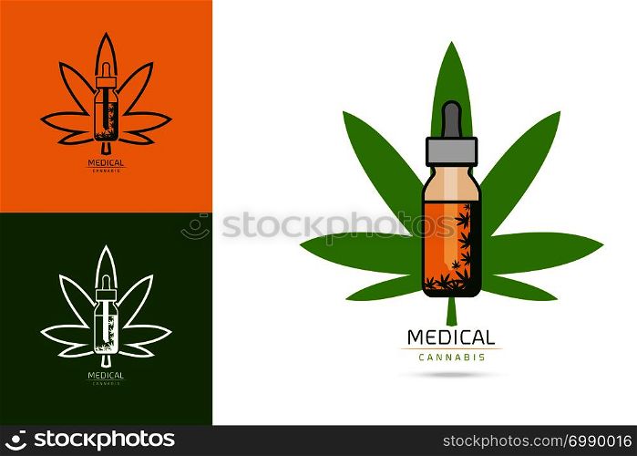 Set of glass bottle with hemp oil. Mock up of cannabis oil extracts in jars. Medical Marijuana logo icon template on the label. Vector illustration
