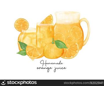 Set of glasses of fresh homemade orange juice with orange fruit composition watercolour illustration vector isolated on white background.