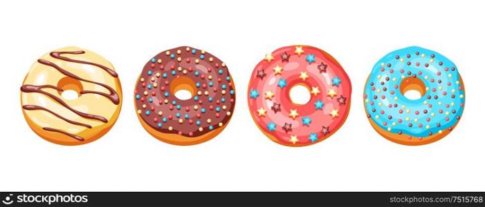 Set of glaze donuts and sprinkles. Illustration of various colored sweet pastries.. Set of glaze donuts and sprinkles.