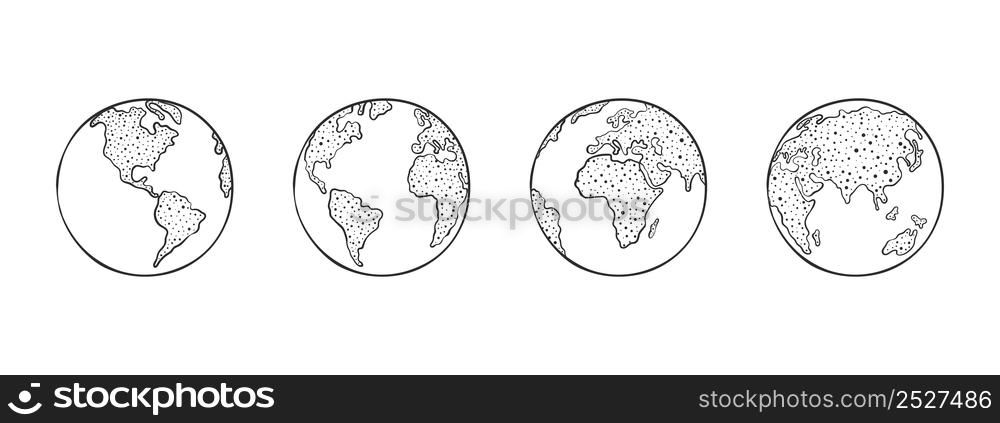 Set of globes of Earth. World map in globe shape Hand-drawn. Vector icons