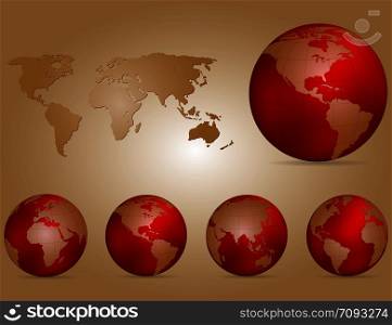 Set of globes with different continents and a map earth