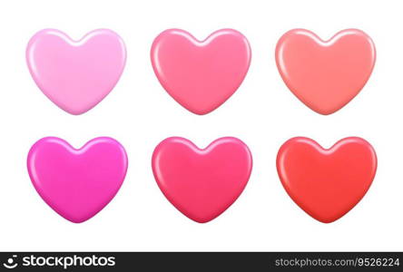 Set of glossy and shiny hearts in 3d style isolated on white background. Valentines Day symbol. Vector illustration.