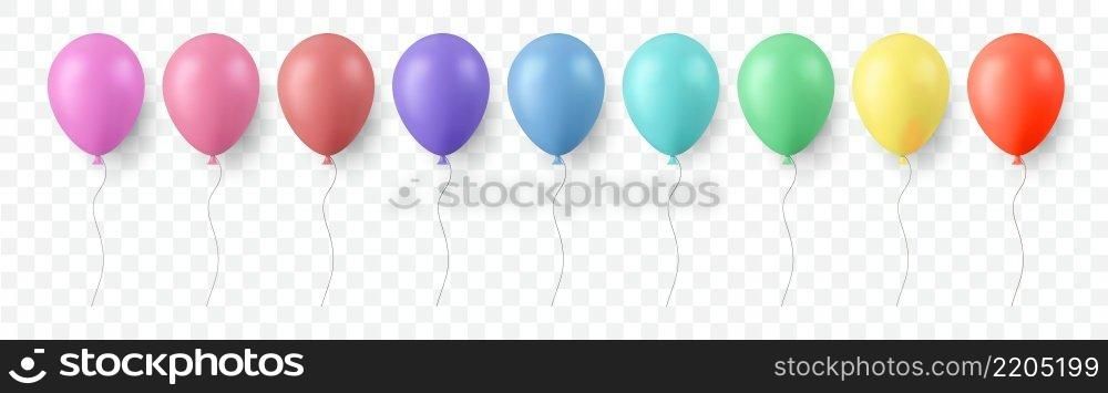 Set of glossy colorful balloons isolated on transparent background. festive 3d helium balloons template for anniversary, birthday party design. Balloon set isolated on transparent background.