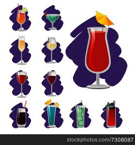 Set of glossy cups with different drinks banner, vector illustration isolated on white background, ice pieces, umbrellas and straws, cherry and orange. Set of Glossy Cups with Different Drinks Banner