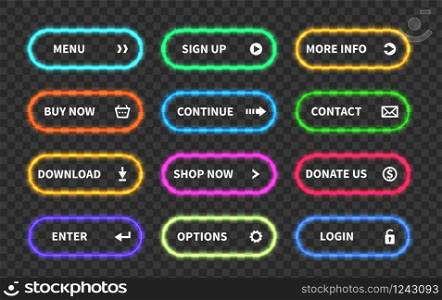 Set of glow action buttons. Neon web submit form, modern transition sign, game navigation. Glowing 3d vector ui design bright element. Set of glow action buttons. Neon web submit form, modern transition sign, game navigation. Glowing vector ui design element