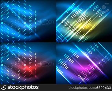 Set of glowing neon lines and shapes on dark, shiny motion, magic space light. Vector techno abstract backgrounds. Set of glowing neon lines and shapes on dark, shiny motion, magic space light. Vector techno abstract backgrounds. Banner advertising layouts - colorful templates and wallpapers
