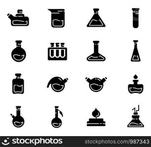 set of glyph icons - laboratory flasks, measuring cup and test tubes for diagnosis, analysis, scientific experiment. Chemical lab and equipment. Isolated vector objects or signs on white background. Laboratory Flasks Icon Set