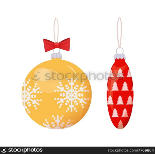 Set of gold and red balls with print of snowflakes and trees and thread for hanging with red bow. Christmas toys for decoration isolated on white vector. Christmas Gold and Red Balls with Print Vector