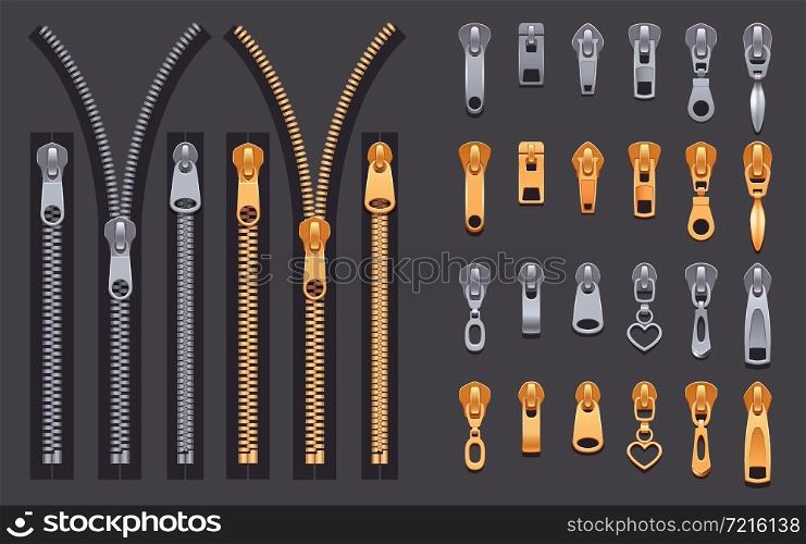 Set of gold and silver metallic closed and open zippers and pullers realistic set isolated on black background vector illustration. Zipper Realistic Set