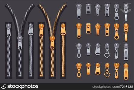Set of gold and silver metallic closed and open zippers and pullers realistic set isolated on black background vector illustration. Zipper Realistic Set