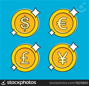 Set of gold coins with 4 major currencies. Dollar, Euro, Pound sterling, Yen