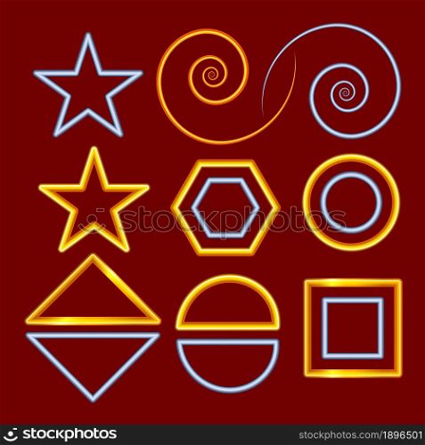 Set of gold contour shapes for decoration. Set in two colors. Isolated. Vector.