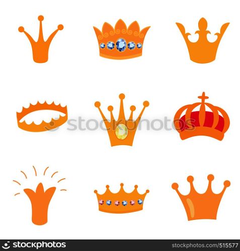 Set of gold crown icons. Vector isolated elements for logo, label, game, hotel, an app design. Royal king, queen, princess crown.