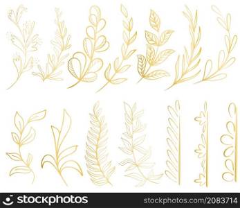 Set of gold leafy botanical twig isolated vector illustration. Beautiful golden branches with leaves for frames and wreaths. Natural decoration for invitations and decor. Set of gold leafy botanical twig isolated vector illustration