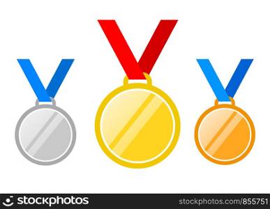 Set of gold medal, silver and bronze. Medals icons in flat style isolated on blue background. Medals Vector
