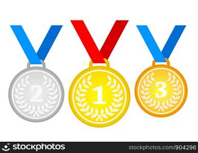 Set of gold medal, silver and bronze. Medals icons in flat style isolated on blue background. Medals Vector