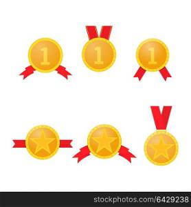 Set of gold medals with red ribbons .. Set of gold medals with red ribbons on a white background. Vector illustration .