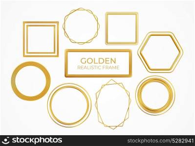 Set of gold metal realistic frames of different shapes isolated on white background. Vector illustration EPS10. Set of gold metal realistic frames of different shapes isolated on white background. Vector illustration