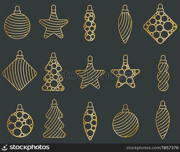 Set of gold openwork Christmas tree toys. Festive decoration for Christmas and New Year. Collection of various balls, rhombuses, stars and icicles. Elements for cards, banners and design.. Set of gold openwork Christmas tree toys.