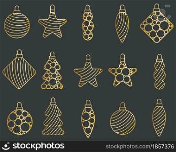 Set of gold openwork Christmas tree toys. Festive decoration for Christmas and New Year. Collection of various balls, rhombuses, stars and icicles. Elements for cards, banners and design.. Set of gold openwork Christmas tree toys.