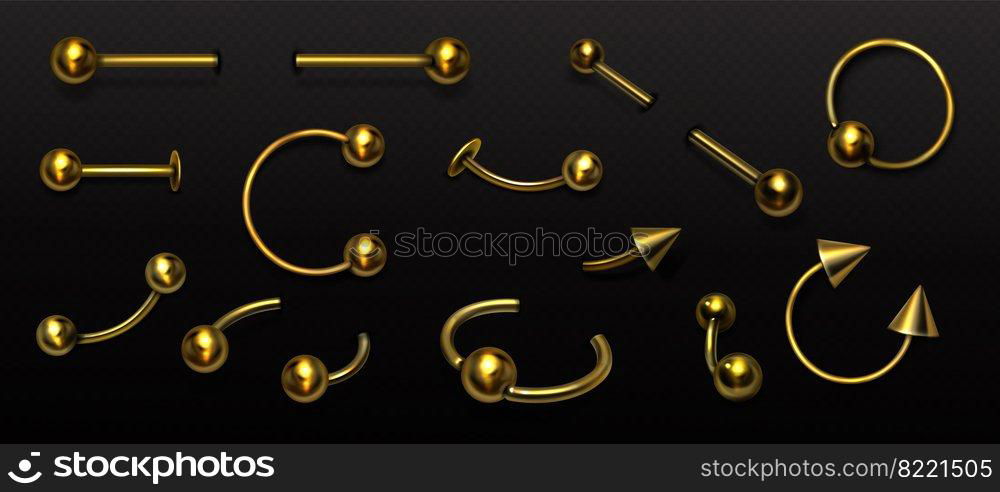 Set of gold piercing jewelry, metal pierce rings, barbell with balls and cones for face and body decoration. Beauty accessories, earrings isolated on transparent background, Realistic 3d vector icons. Set of piercing jewelry, pierce rings, barbell