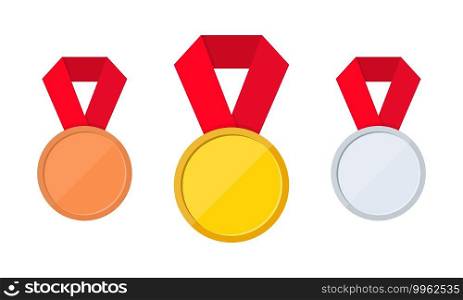 Set of gold, silver and bronze medal icons. First, second and third place or award medals icon. Gold, silver, bronze medals. Vector on isolated background. EPS 10
