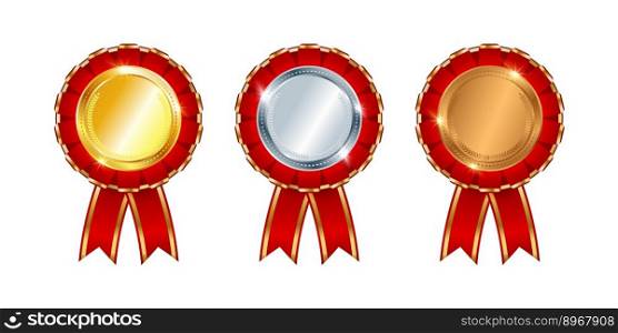 Set of gold, silver, bronze medals with red ribbon. 3d insignia decorated with folds of red ribbon. Achievement award. Vector illustration.. Set of gold, silver, bronze medals with red ribbon