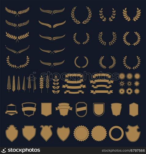 Set of gold vector wreaths and branches. Design element for logo, label, emblem, sign, badge. Vector illustration.