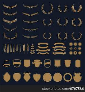 Set of gold vector wreaths and branches. Design element for logo, label, emblem, sign, badge. Vector illustration.
