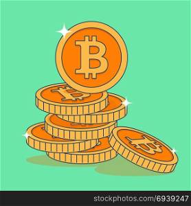 Set of golden coins with bitcoin sign in flat style. Design elements or poster, banner, animation, infographic. Vector illustration