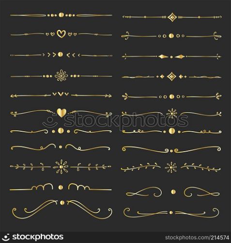 Set Of Golden Decorative Calligraphic Elements For Decoration. Handmade Vector Illustration.