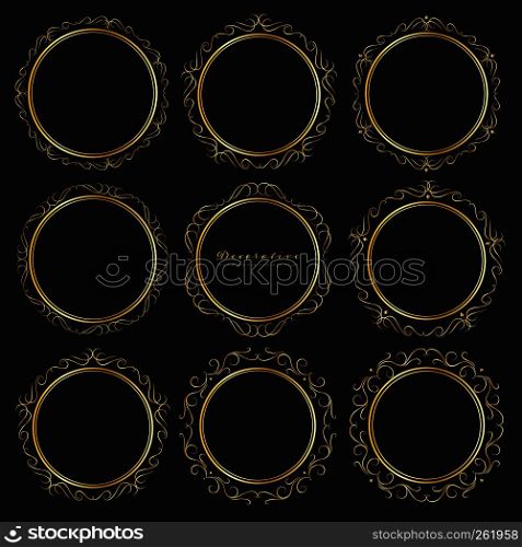 Set of golden decorative round frames vintage style. Vector illustration.