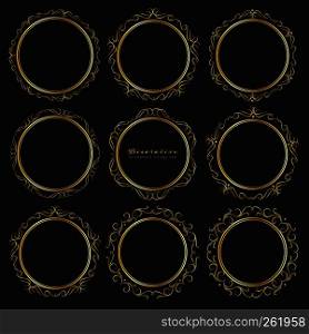 Set of golden decorative round frames vintage style. Vector illustration.
