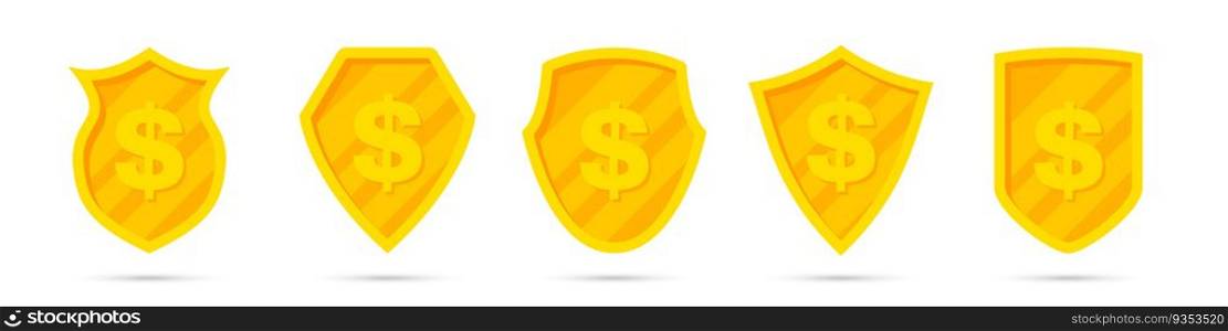Set of golden different shields with dollar icon. Money protection