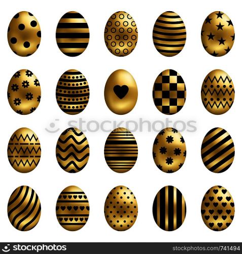 Set of Golden Easter Eggs isolated on white background. Different Colorful Eggs with Stripes, Dots, Hearts and Patterns. Perfect For Greeting Cards, Invitations. Vector illustration for Your Design.