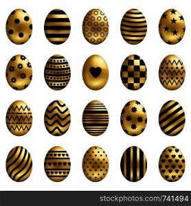 Set of Golden Easter Eggs isolated on white background. Different Colorful Eggs with Stripes, Dots, Hearts and Patterns. Perfect For Greeting Cards, Invitations. Vector illustration for Your Design.