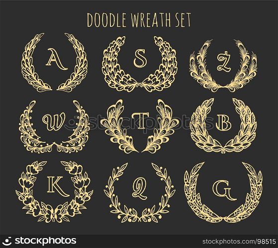 Set of Golden floral wreathes isolated on black. Vector illustration