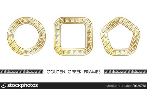 Set of golden Greek round and square frames for decorative headers. Golden ancient greek ornaments isolated on white background. Vector