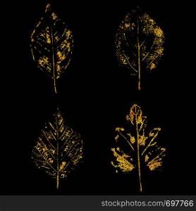 Set of golden leaves on black background. Vector illustration