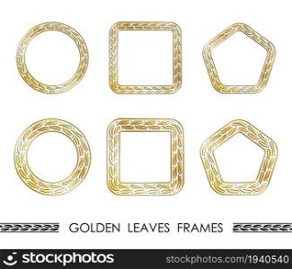 Set of golden LEAVES round and square frames for decorative headers. Golden floral ornaments isolated on white background. Vector