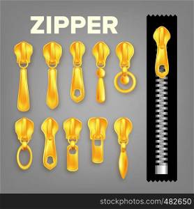 Set Of Golden Metal And Plastic Zipper Vector. Realistic Zippers And Pullers. Modern Stylish Element Apparel And Accessory. Detail Decoration Of Clothing. Isolated 3d Illustration. Set Of Golden Metal And Plastic Zipper Vector